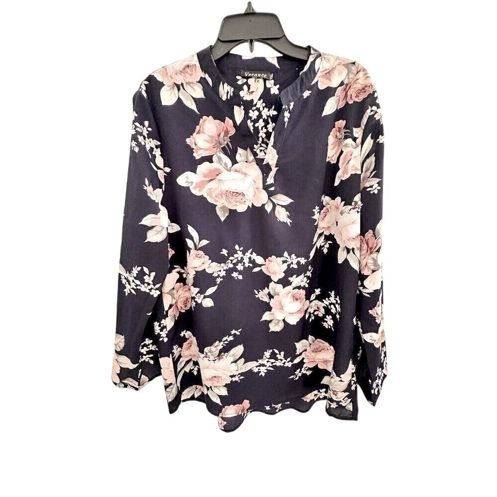 Veranee Womens Tunic Top Navy Floral‎ Roll Tab L/S Office Romantic Whimsygoth